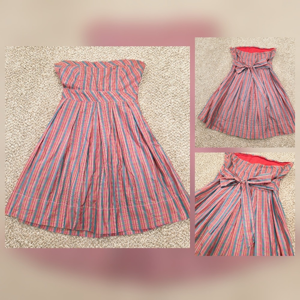 Vintage ANGIE Strapless Retro Plaid Summer Dress Bow 50s Inspired Pinup Pink S
